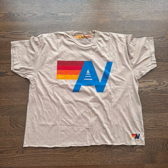 Aviator Nation Beige Tee with Multicolor Logo - Picture 1 of 4